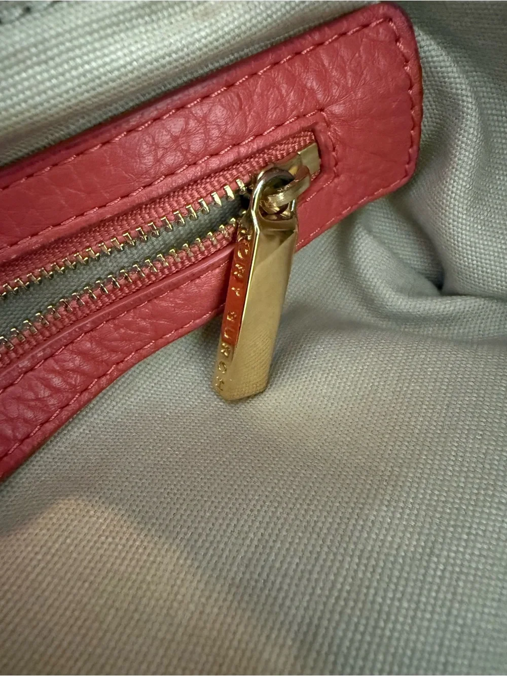 Tory Burch Two-Tone Pebbled Red Leather Tote with Logo Medallion